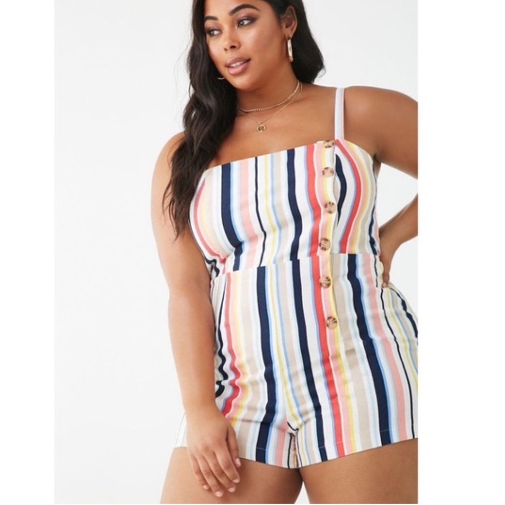 Forever 21 Women’s Striped Romper 2X Multicolor Rainbow Buttons Plus Size - Picture 1 of 12